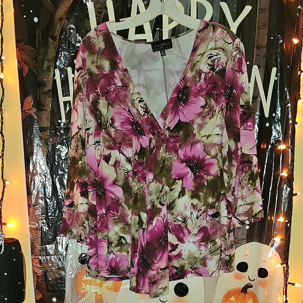 Investments Floral Blouse in Pink and Green